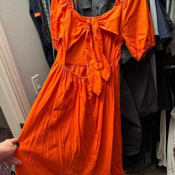 Orange Linen Maxi Dress with Open Back Tie - Picture 2 of 7